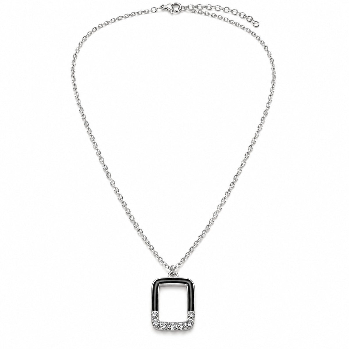 Silver rectangle pendant chain necklace with black enamel and crystals on white