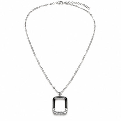 Silver rectangle pendant chain necklace with black enamel and crystals on white