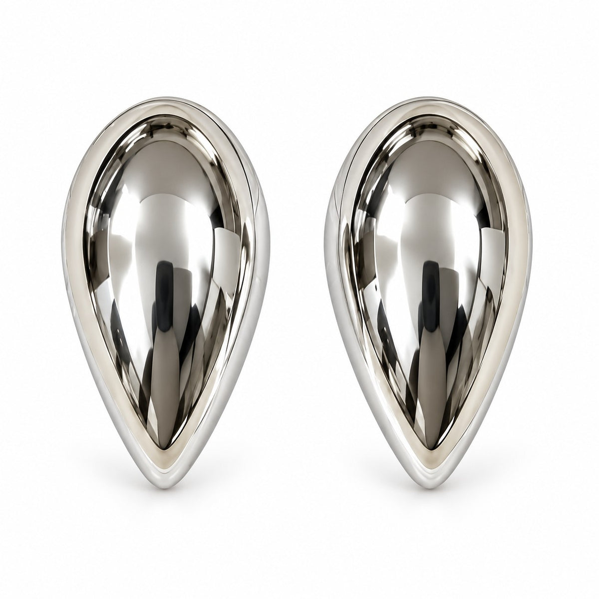 Silver teardrop dome stud earrings with mirror-polished finish on a white background