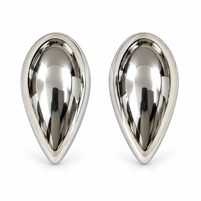 Silver teardrop dome stud earrings with mirror-polished finish on a white background