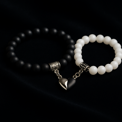 Premium Black & White Beaded Couple Bracelet Set with Heart Charm