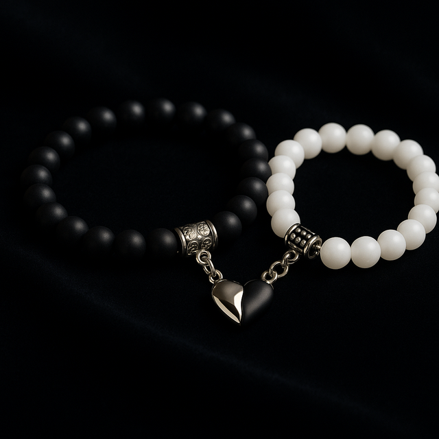 Premium Black & White Beaded Couple Bracelet Set with Heart Charm