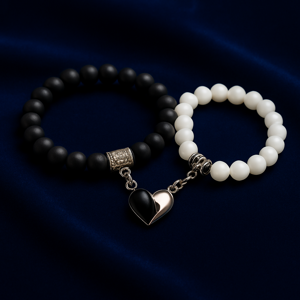 Premium Black & White Beaded Couple Bracelet Set with Heart Charm