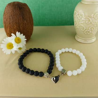 Premium Black & White Beaded Couple Bracelet Set with Heart Charm