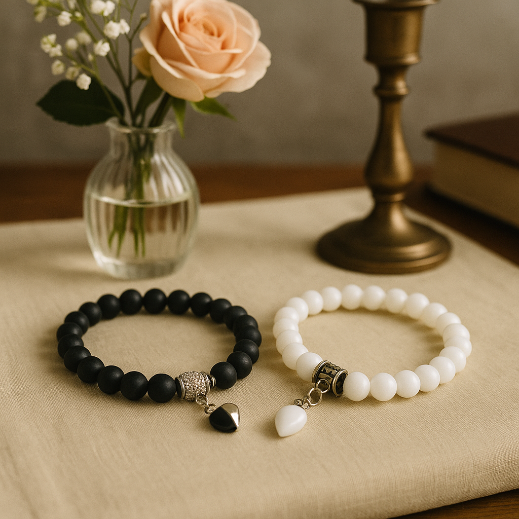 Premium Black & White Beaded Couple Bracelet Set with Heart Charm