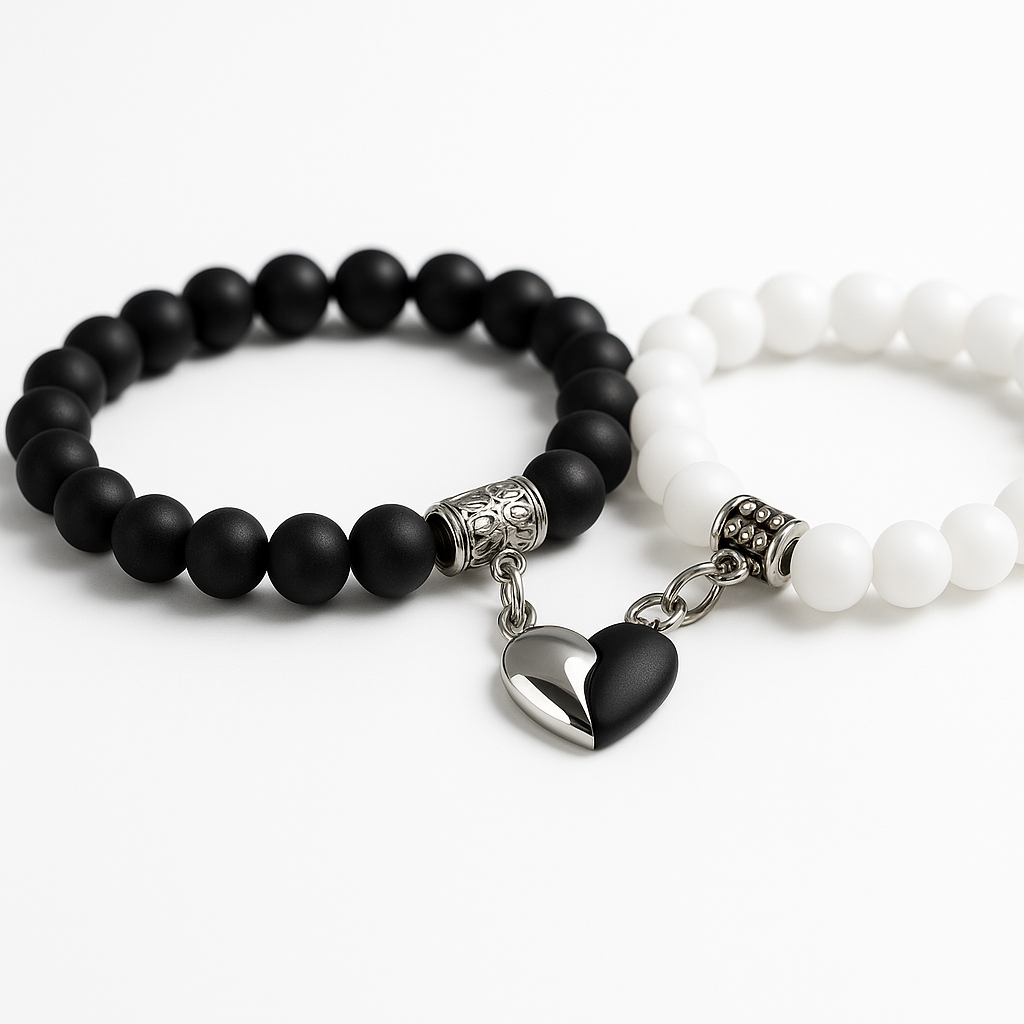 Premium Black & White Beaded Couple Bracelet Set with Heart Charm
