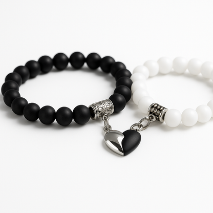 Premium Black & White Beaded Couple Bracelet Set with Heart Charm