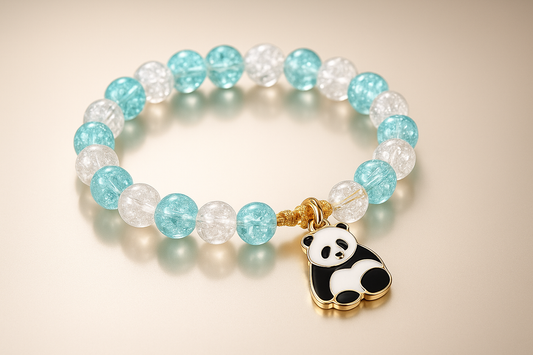 Blue Crystal Beaded Bracelet with Panda Charm – Elegant Handmade Stretch Bracelet for Women