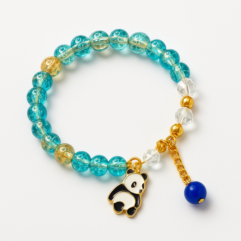 Aqua Crackle Bead Bracelet with Panda Charm & Blue Drop