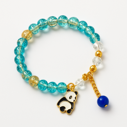 Aqua Crackle Bead Bracelet with Panda Charm & Blue Drop