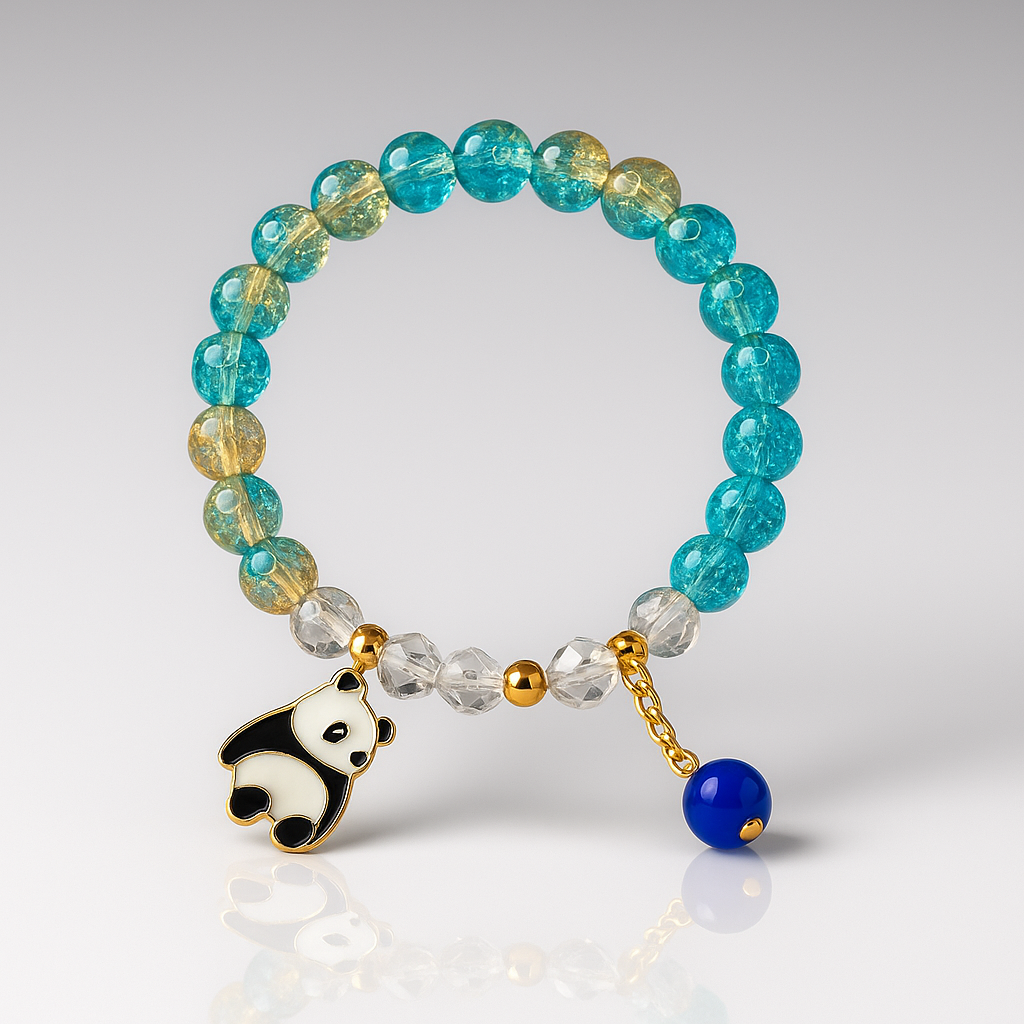 Aqua Crackle Bead Bracelet with Panda Charm & Blue Drop