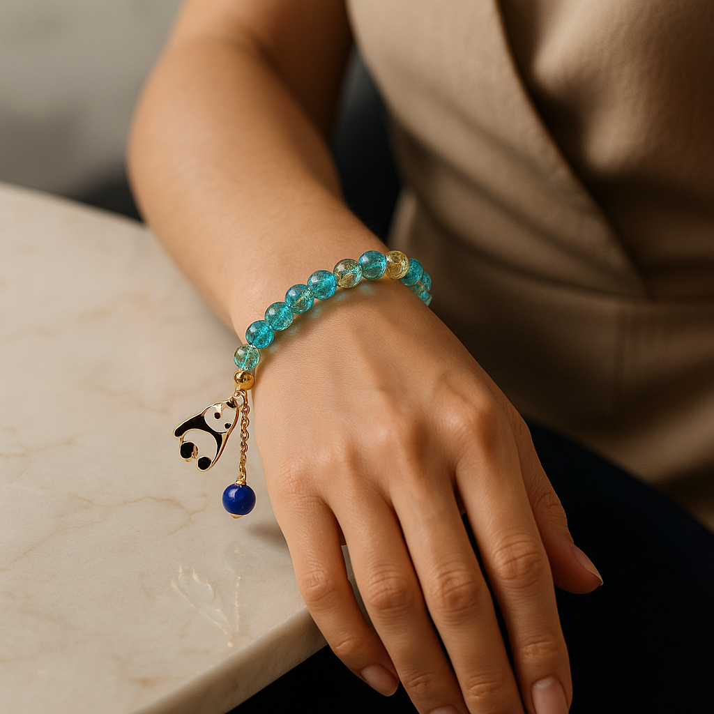 Aqua Crackle Bead Bracelet with Panda Charm & Blue Drop