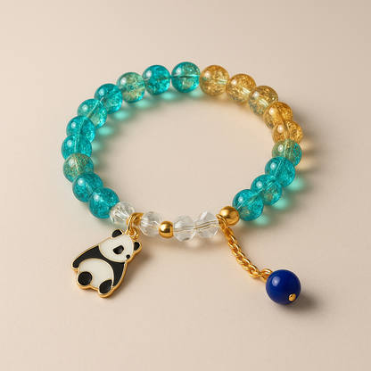 Aqua Crackle Bead Bracelet with Panda Charm & Blue Drop