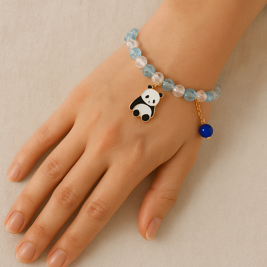 Blue Crystal Beaded Bracelet with Panda Charm – Elegant Handmade Stretch Bracelet for Women