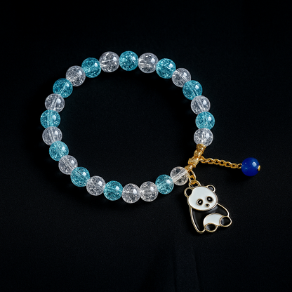 Blue Crystal Beaded Bracelet with Panda Charm – Elegant Handmade Stretch Bracelet for Women