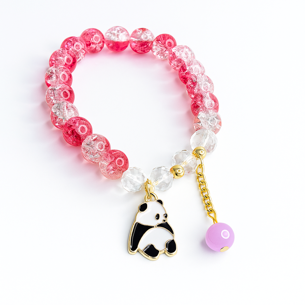 Cute Panda Charm Beaded Bracelet for Girls – Pink & White Crystal Beads