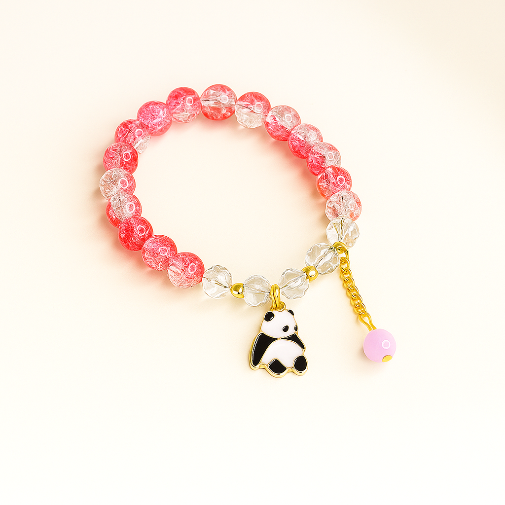 Cute Panda Charm Beaded Bracelet for Girls – Pink & White Crystal Beads