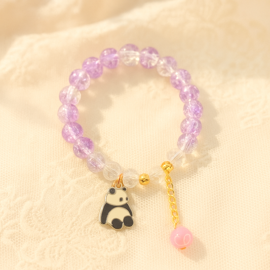 Elegant Purple Crystal Bead Bracelet with Panda Charm and Pink Pendant
