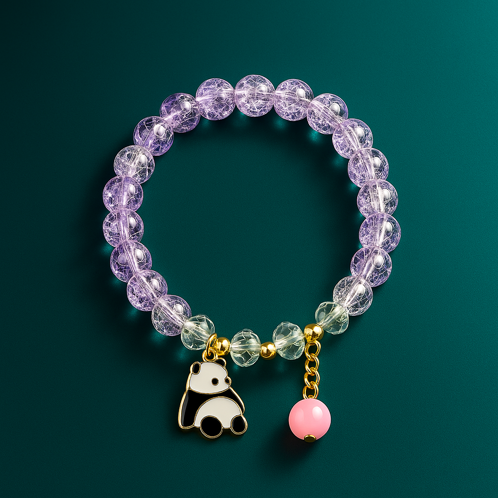 Elegant Purple Crystal Bead Bracelet with Panda Charm and Pink Pendant