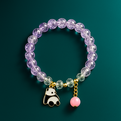 Elegant Purple Crystal Bead Bracelet with Panda Charm and Pink Pendant