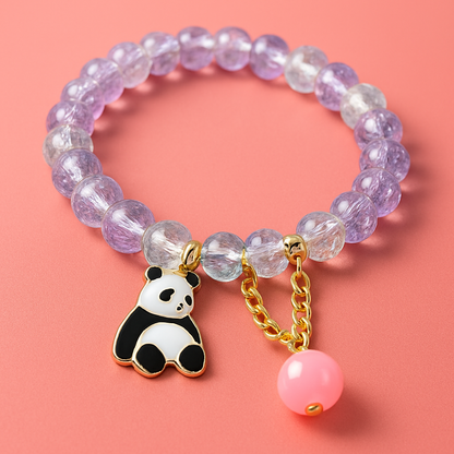 Elegant Purple Crystal Bead Bracelet with Panda Charm and Pink Pendant