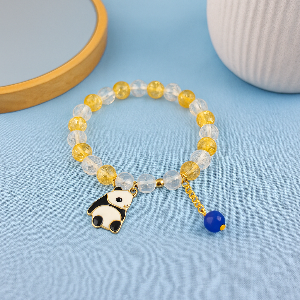 Adorable Panda Charm Crystal Bead Bracelet with Gold Chain & Blue Bead