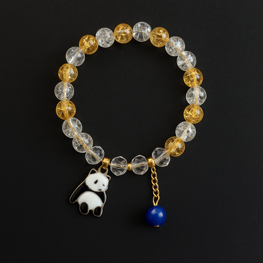 Adorable Panda Charm Crystal Bead Bracelet with Gold Chain & Blue Bead