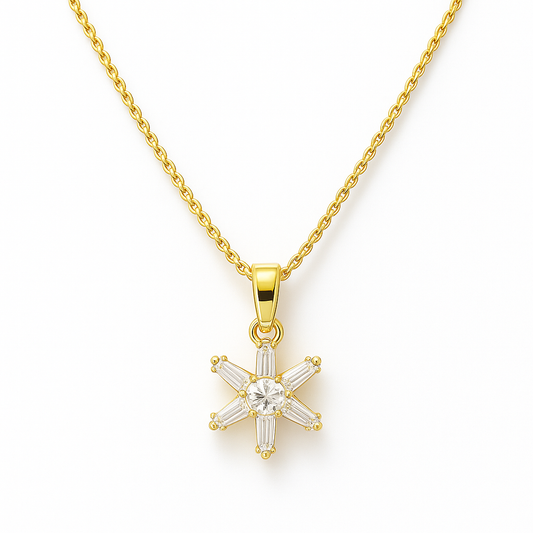 Elegant Gold Starburst Pendant Necklace with Sparkling Baguette Crystals