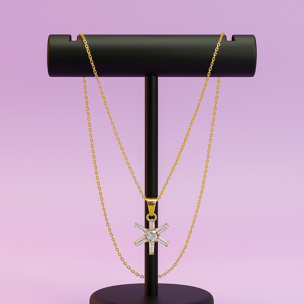 Elegant Gold Starburst Pendant Necklace with Sparkling Baguette Crystals