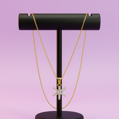 Elegant Gold Starburst Pendant Necklace with Sparkling Baguette Crystals