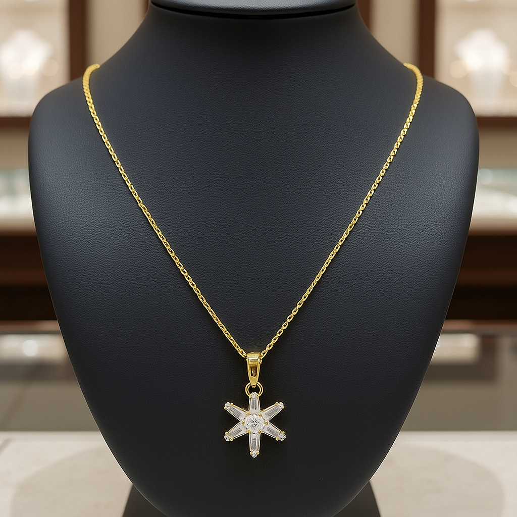 Elegant Gold Starburst Pendant Necklace with Sparkling Baguette Crystals