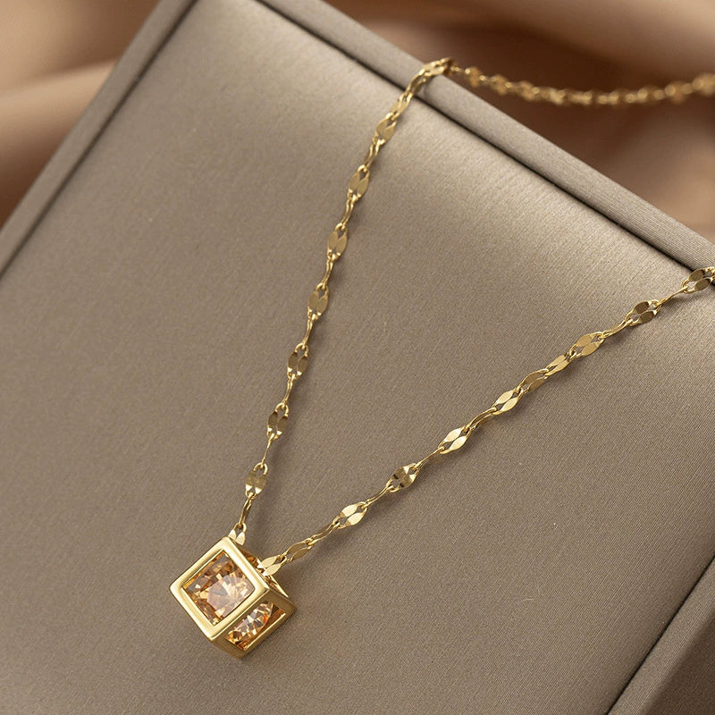 Gold Finish Geometric Cube Crystal Pendant Necklace for Women | Minimal Elegant Jewellery