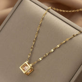 Gold Finish Geometric Cube Crystal Pendant Necklace for Women | Minimal Elegant Jewellery