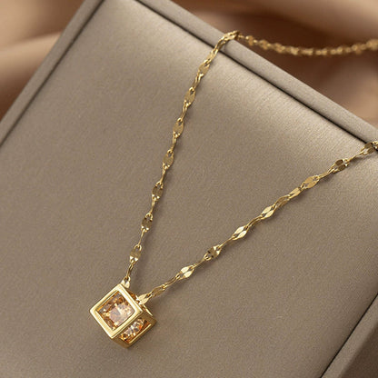 Gold Finish Geometric Cube Crystal Pendant Necklace for Women | Minimal Elegant Jewellery